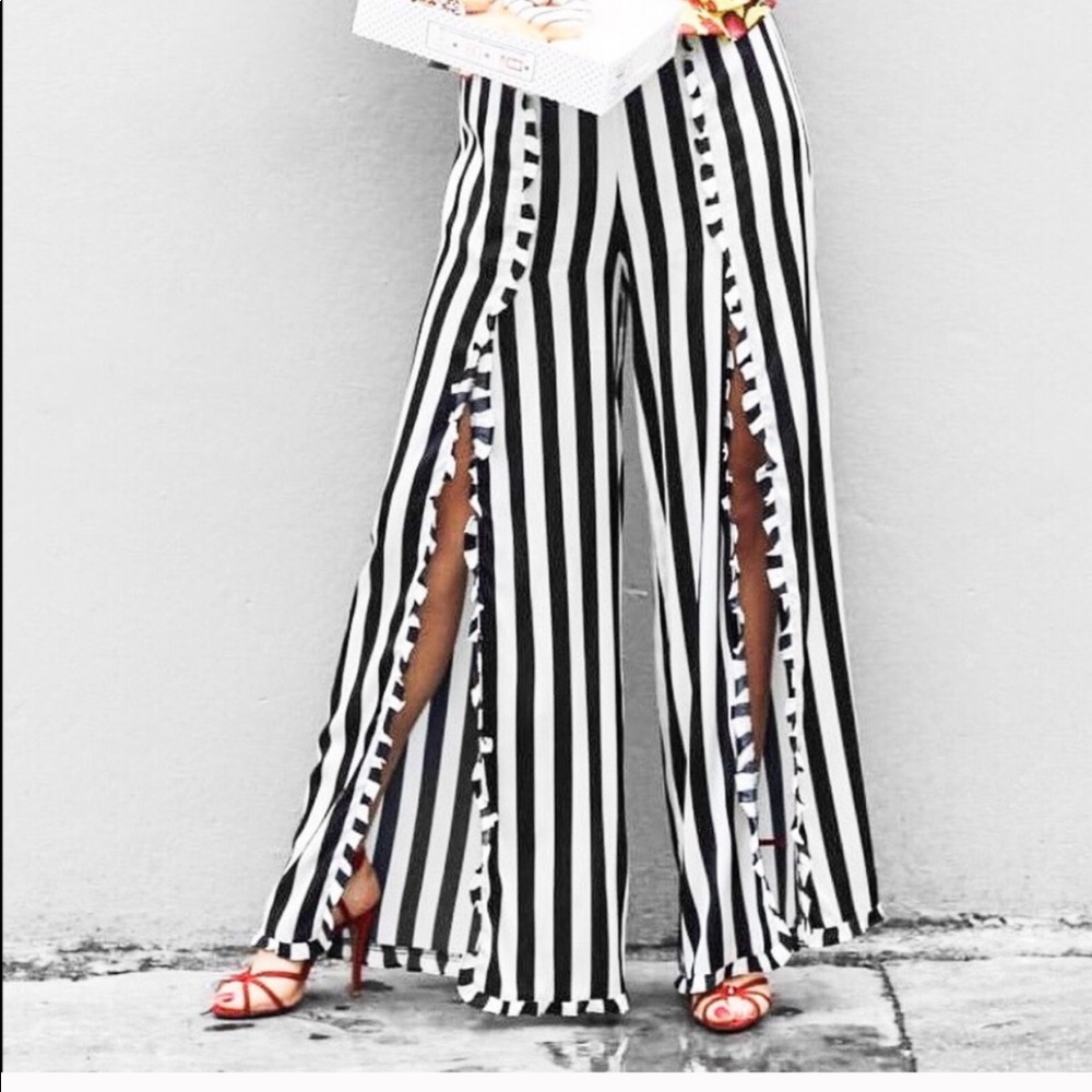 Silk Stripe Palazzo Pants black & white